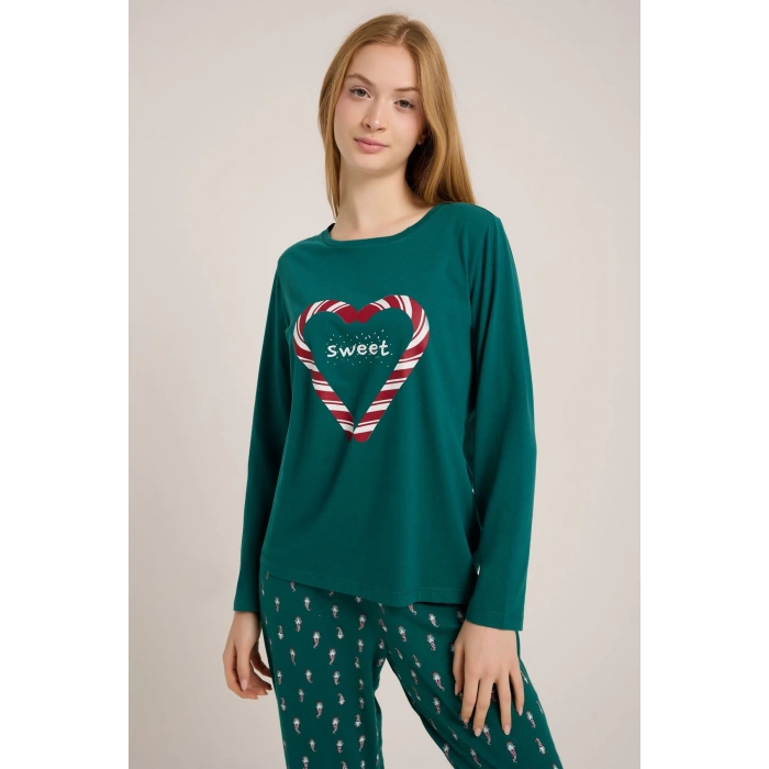 YEŞİL KALP BASKILI KADIN YEŞİL PİJAMA TAKIMI