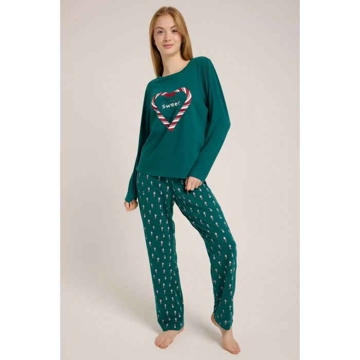 YEŞİL KALP BASKILI KADIN YEŞİL PİJAMA TAKIMI