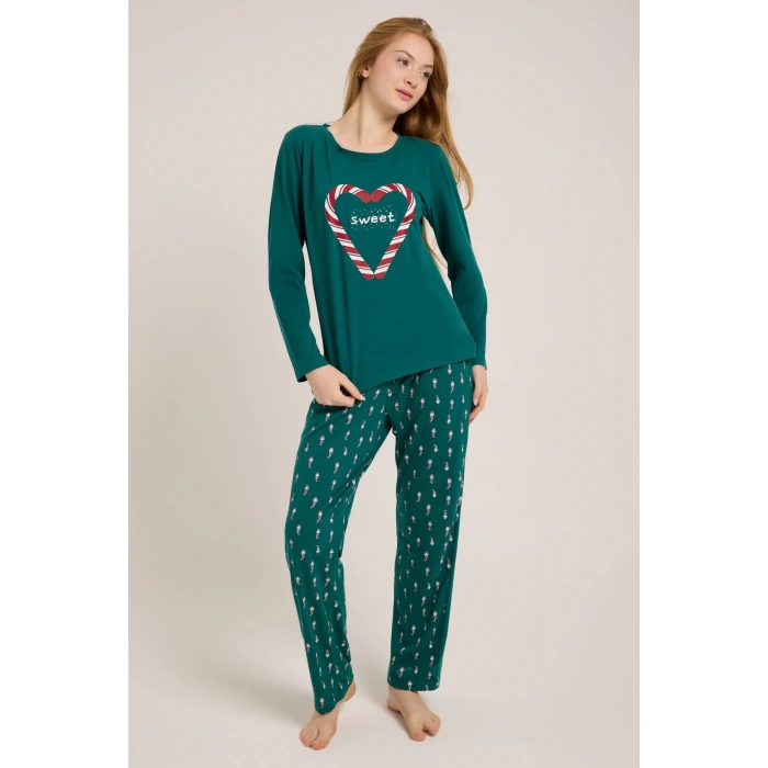 YEŞİL KALP BASKILI KADIN YEŞİL PİJAMA TAKIMI