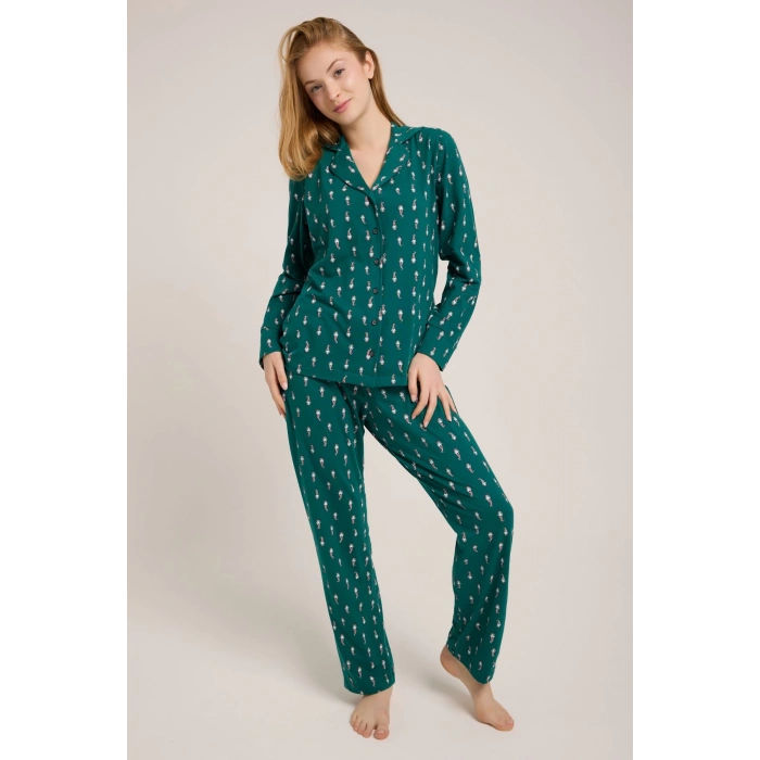 YEŞİL NOEL BABA BASKILI DÜĞMELİ PİJAMA TAKIM