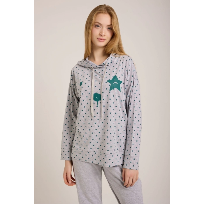 KADIN GRİ KALPLİ KAPŞONLU PİJAMA TAKIMI