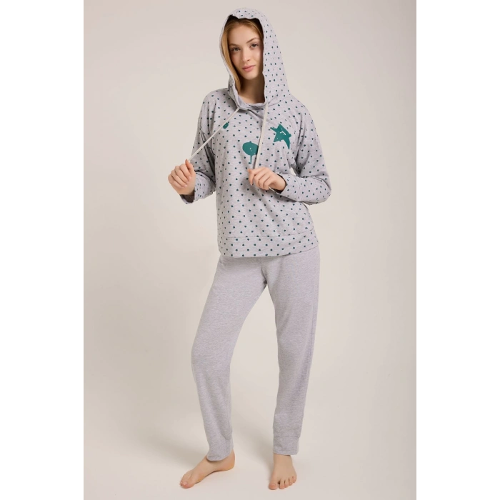 KADIN GRİ KALPLİ KAPŞONLU PİJAMA TAKIMI