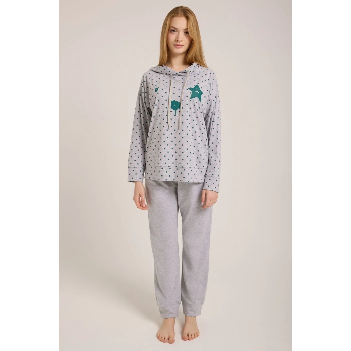 KADIN GRİ KALPLİ KAPŞONLU PİJAMA TAKIMI