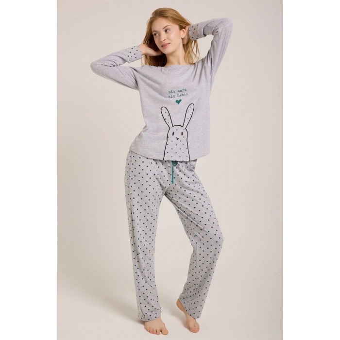 KADIN GRİ TAVŞAN BASKILI PİJAMA TAKIMI