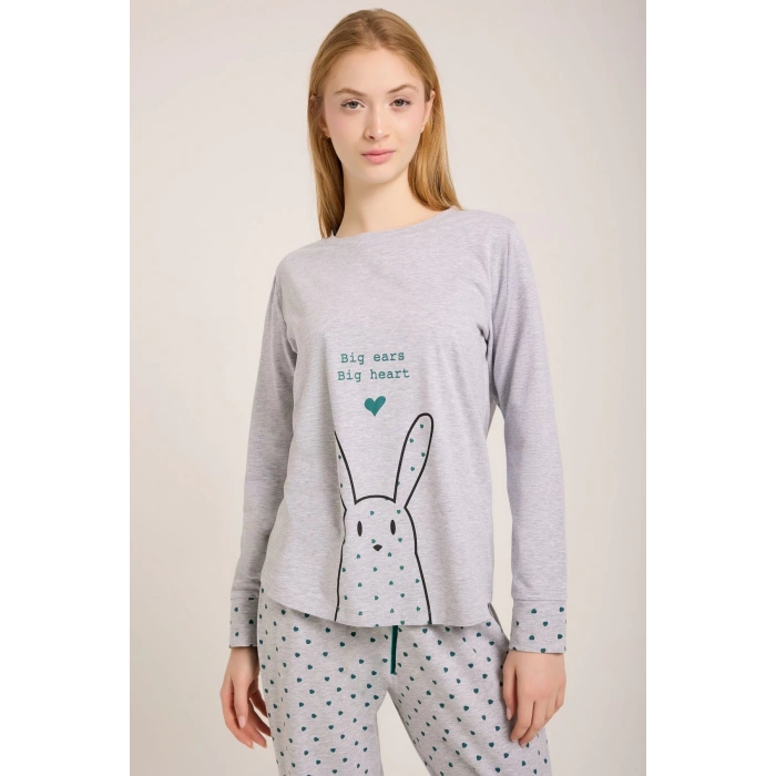 KADIN GRİ TAVŞAN BASKILI PİJAMA TAKIMI