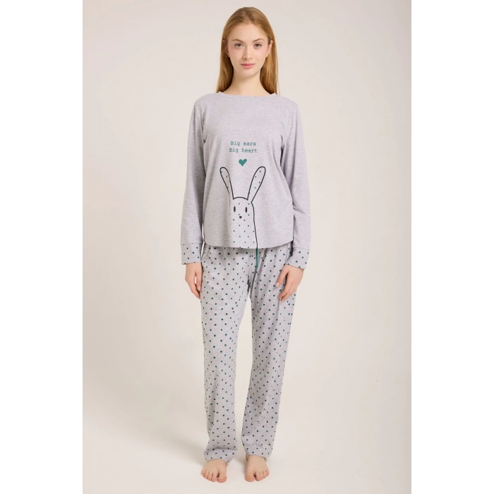 KADIN GRİ TAVŞAN BASKILI PİJAMA TAKIMI
