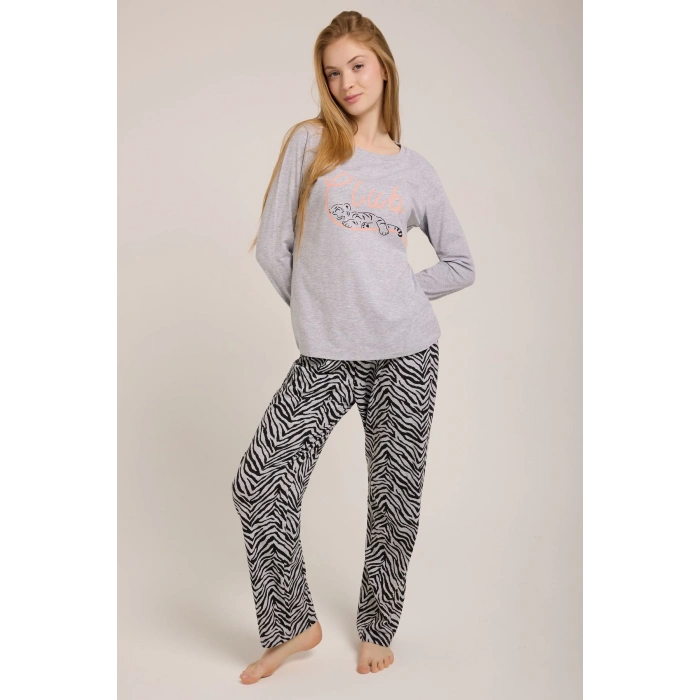 GRİ ZEBRA CLUB BASKILI KADIN PİJAMA TAKIMI