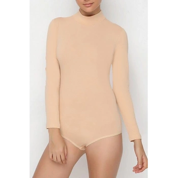 KADIN TEN RENGİ Uzun Kol Boğazlı Çıtçıtlı Body