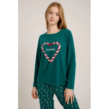 YEŞİL KALP BASKILI KADIN YEŞİL PİJAMA TAKIMI