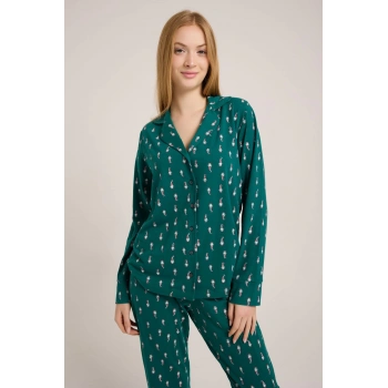 YEŞİL NOEL BABA BASKILI DÜĞMELİ PİJAMA TAKIM