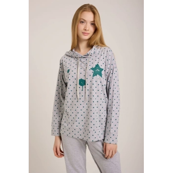 KADIN GRİ KALPLİ KAPŞONLU PİJAMA TAKIMI
