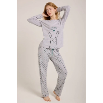 KADIN GRİ TAVŞAN BASKILI PİJAMA TAKIMI
