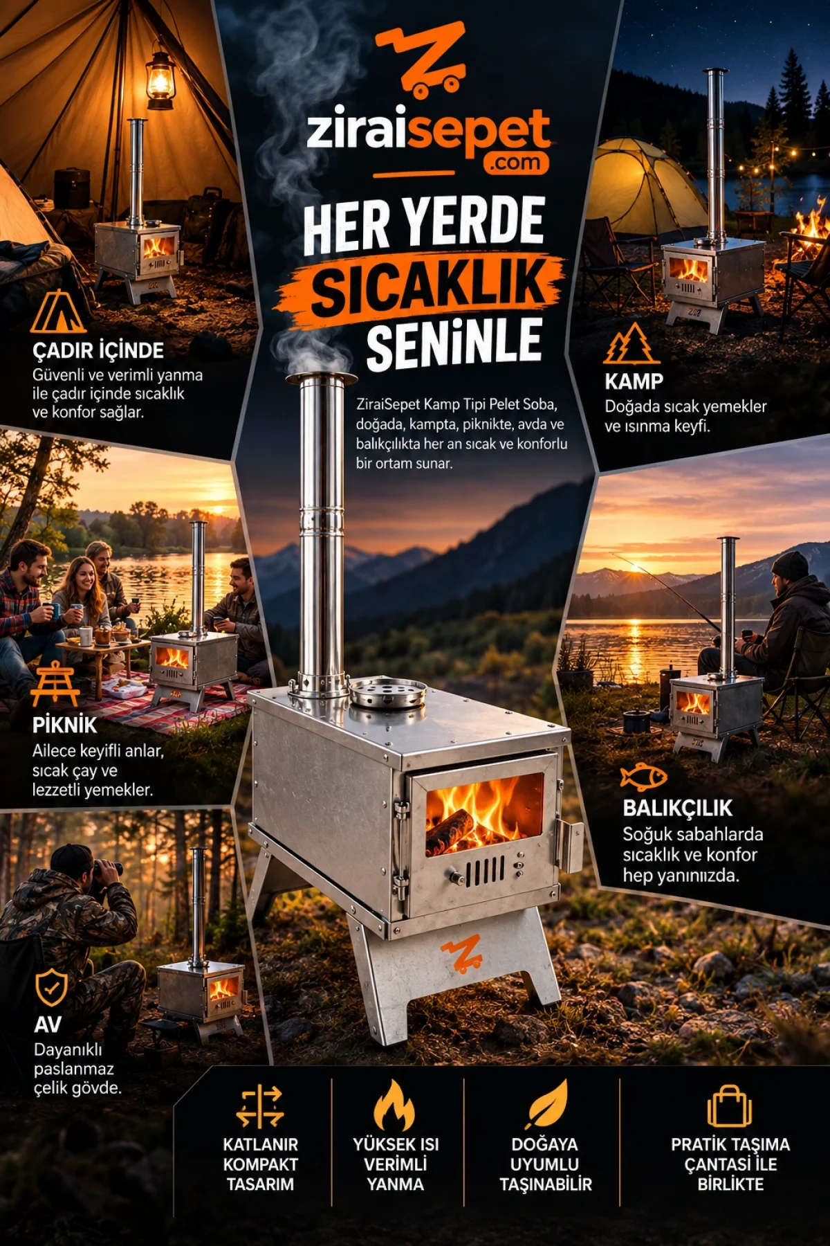 ZiraiSepet Katlanabilir Çantalı Çadır Sobası - Portatif Kamp Sobası