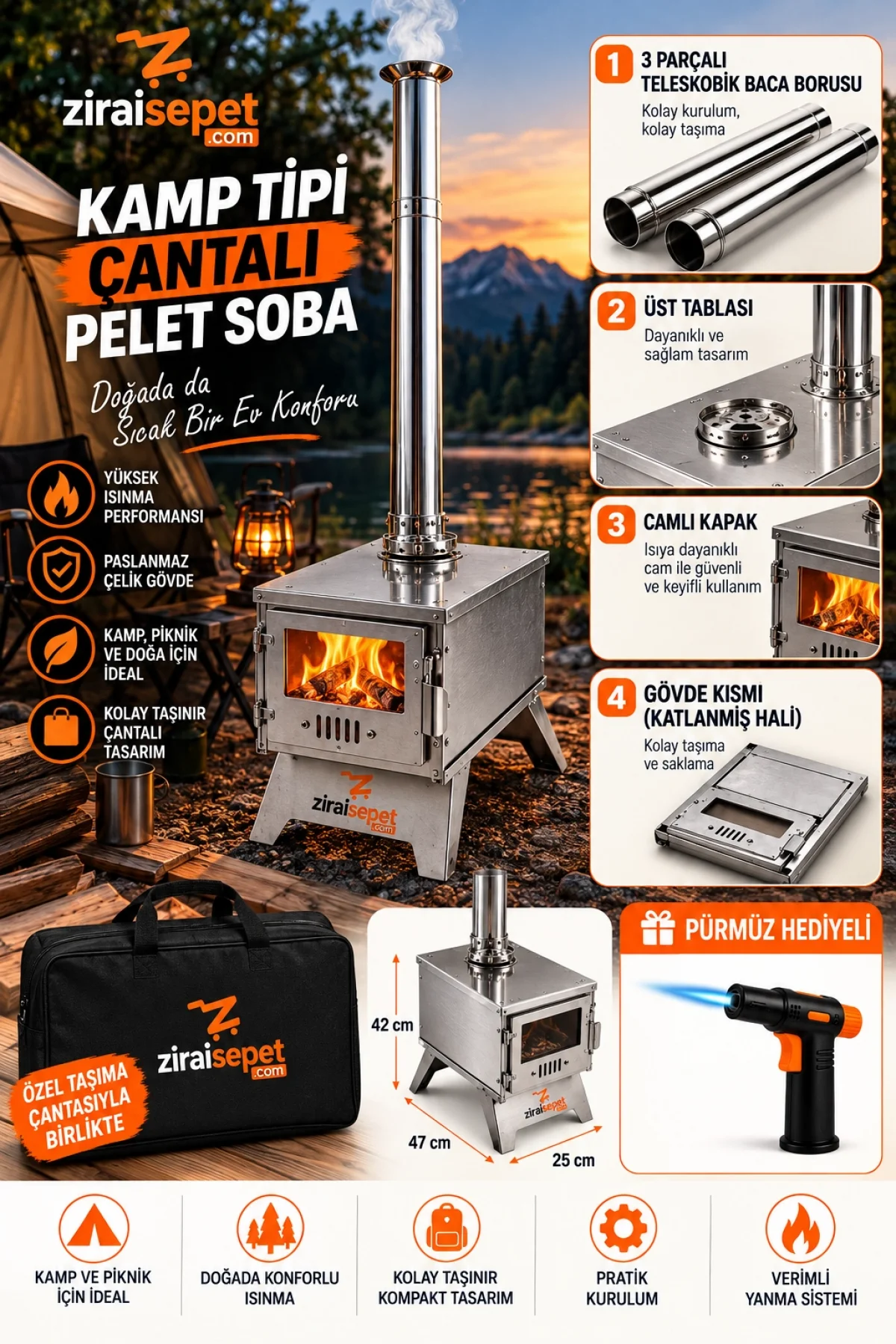 ZiraiSepet Katlanabilir Çantalı Çadır Sobası - Portatif Kamp Sobası
