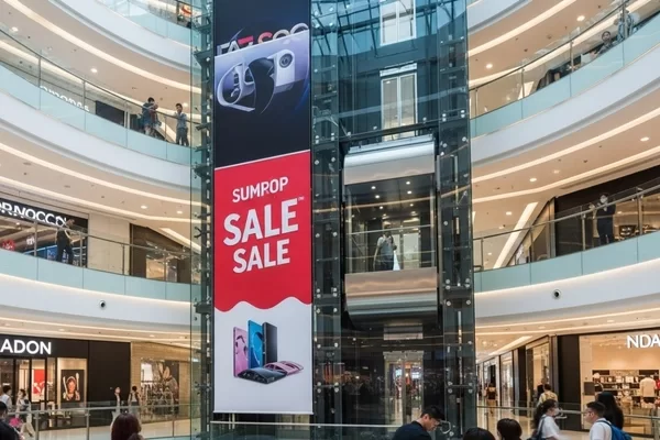 Alışveriş merkezindeki panoramik asansörde marka reklamı giydirmesi