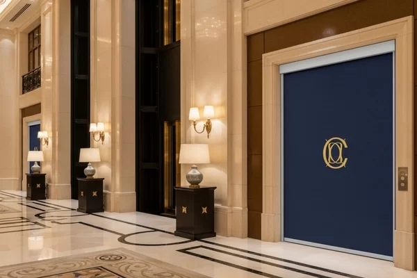Lüks bir otel lobisinde kurumsal kimlik amaçlı kullanılan asansör perdesi