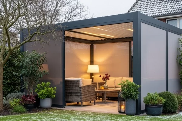 Pergola sistemine entegre edilmiş, kapalı bir alan oluşturan zip perdeler