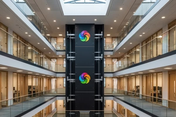 Büyük bir şirketin ofis binasındaki asansörde logo uygulaması