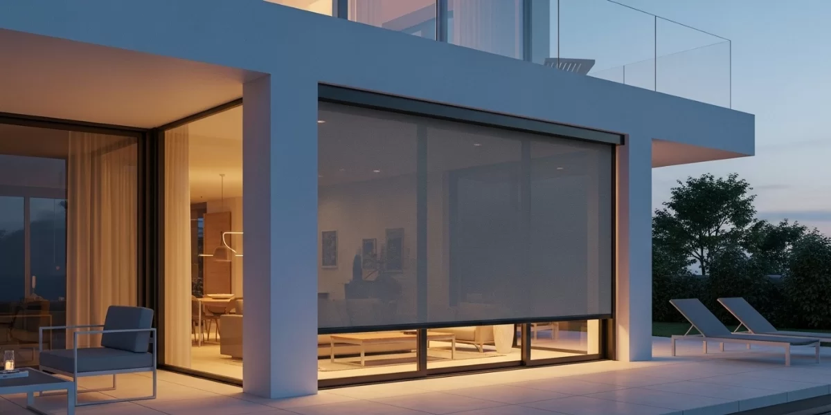 Modern bir villanın verandasında, mobilyaları güneşten koruyan antrasit renkli zip perde sistemi