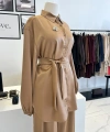 Merwish Camel Broşlu Saten Takım