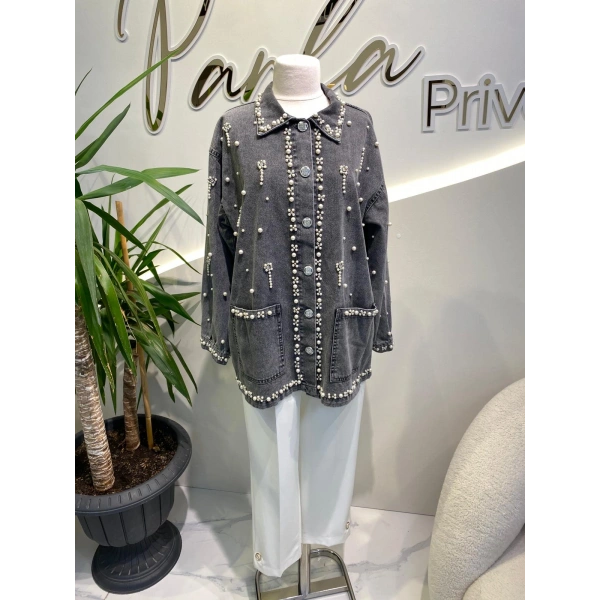 inci işlemeli kot ceket