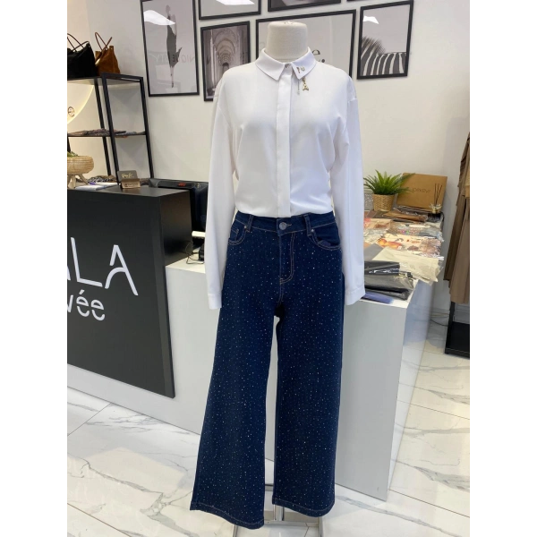 Denim Üzeri Taşlı Pantolon
