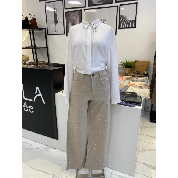 Denim Üzeri Taşlı Pantolon