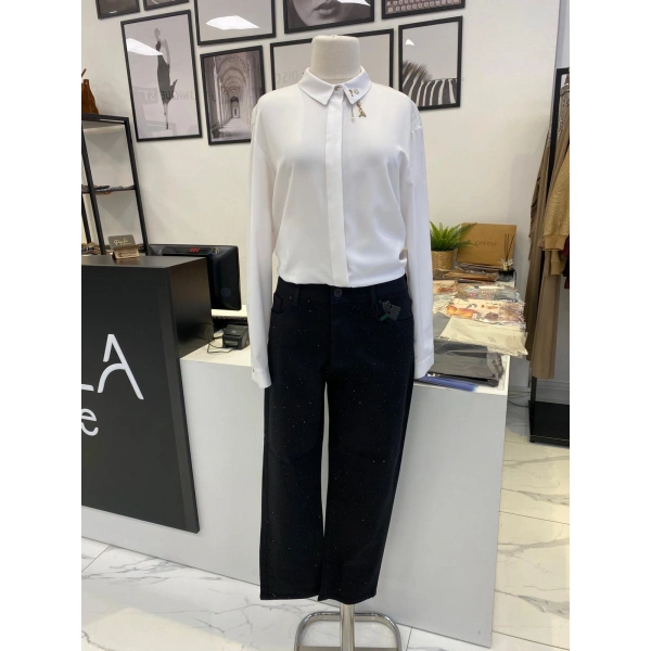 La Carte Denim Üzeri Taşlı Dar Paça Pantolon