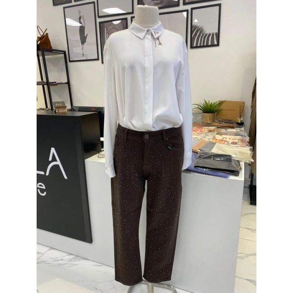 La Carte Denim Üzeri Taşlı Dar Paça Pantolon