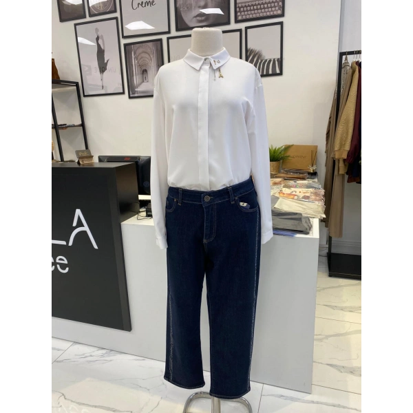 Denim Yanları Taşlı Pantolon