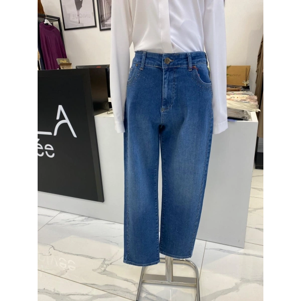 Denim Yanları Taşlı Pantolon