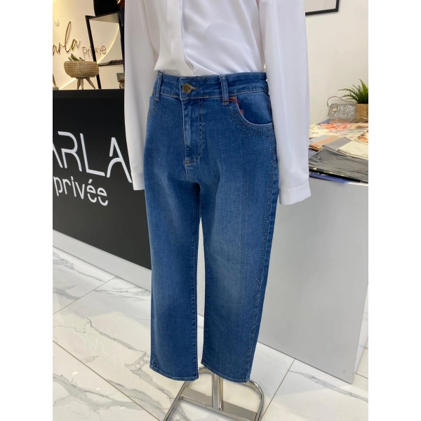 Denim Yanları Taşlı Pantolon
