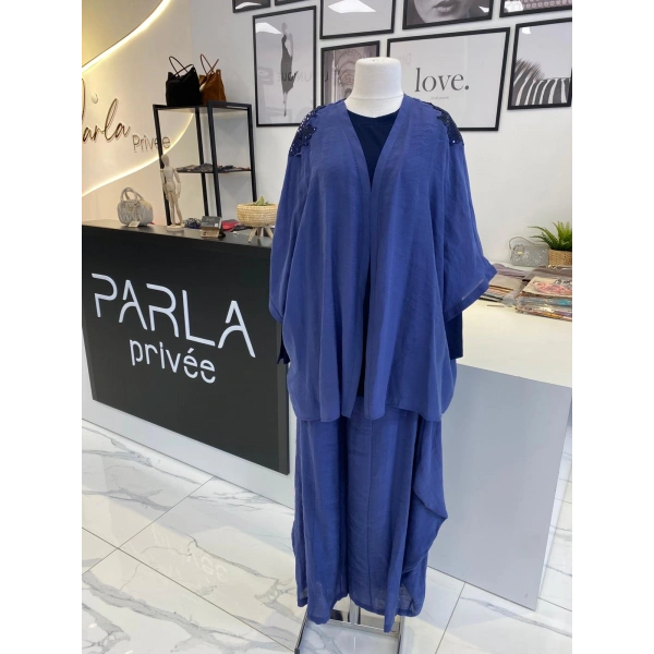 Miaruj İndigo Kimono Şalvar Pantolon Takım