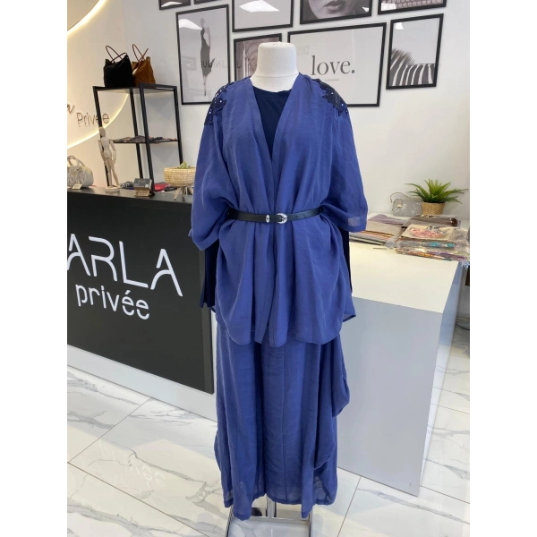 Miaruj İndigo Kimono Şalvar Pantolon Takım