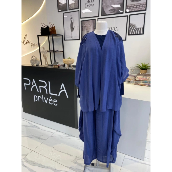 Miaruj İndigo Kimono Şalvar Pantolon Takım