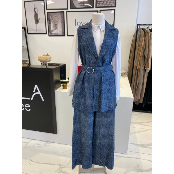 Nurcan Çetin Taşlı Denim Yelek Takım