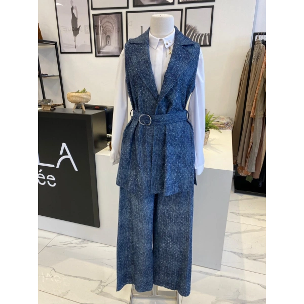 Nurcan Çetin Taşlı Denim Yelek Takım