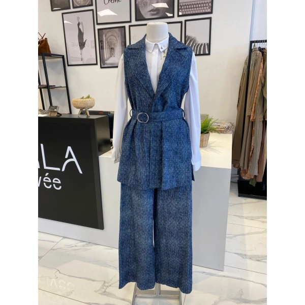 Nurcan Çetin Taşlı Denim Yelek Takım