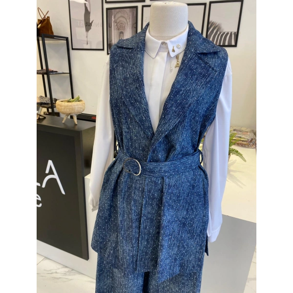 Nurcan Çetin Taşlı Denim Yelek Takım