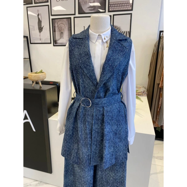 Nurcan Çetin Taşlı Denim Yelek Takım