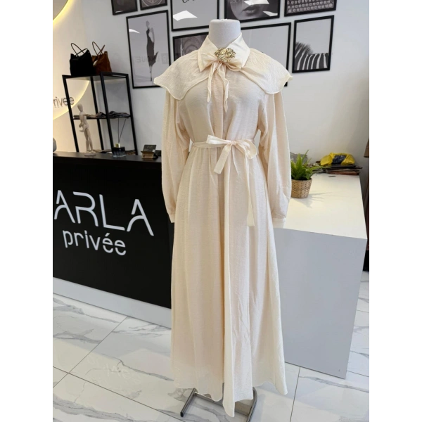 PARLA YAKASI ŞAL DETAYLI ELBİSE