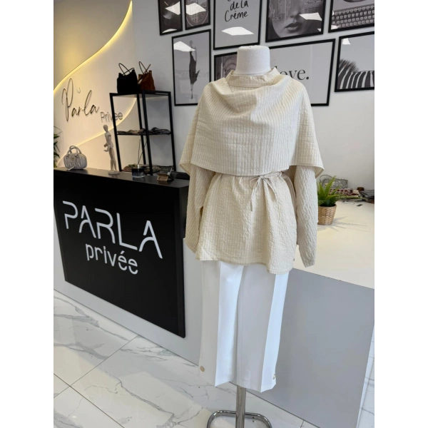 PARLA ŞAL DETAYLI ÇİZGİLİ GÖMLEK