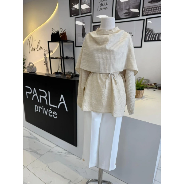 PARLA ŞAL DETAYLI ÇİZGİLİ GÖMLEK