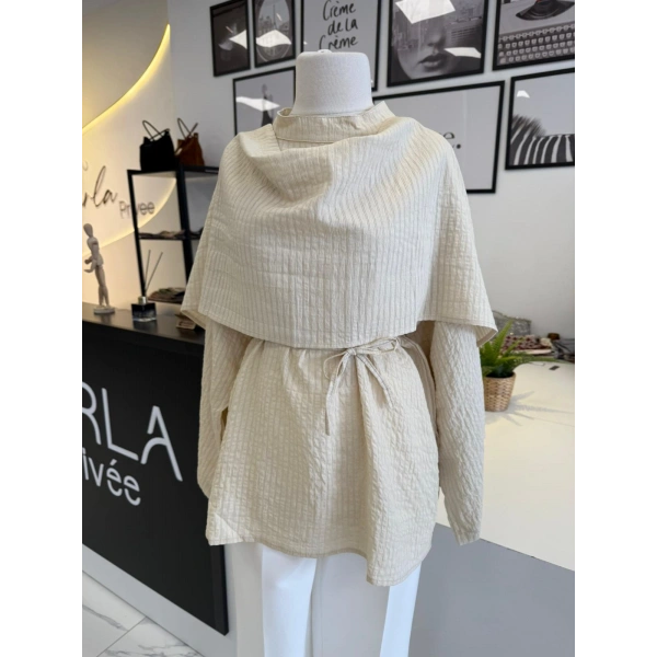 PARLA ŞAL DETAYLI ÇİZGİLİ GÖMLEK