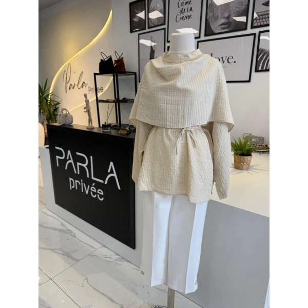 PARLA ŞAL DETAYLI ÇİZGİLİ GÖMLEK