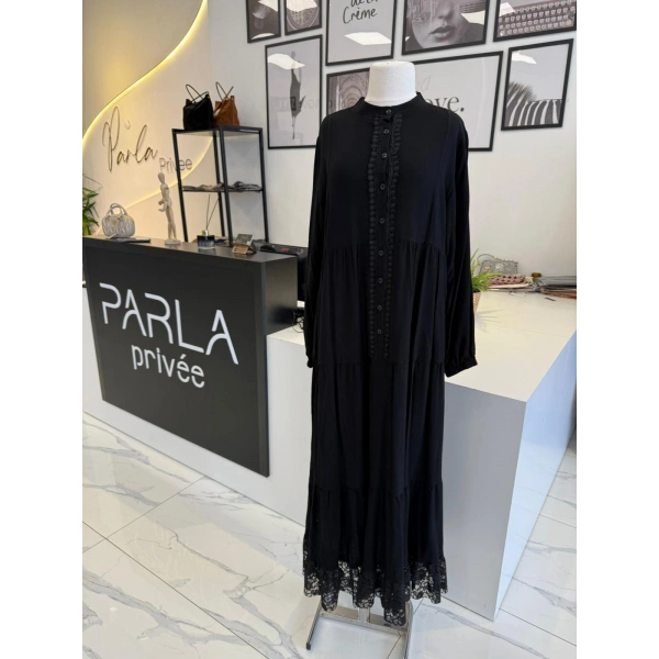 PARLA DANTEL DÜĞMELİ VİSKON ELBİSE