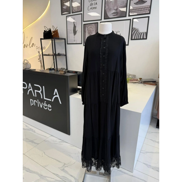 PARLA DANTEL DÜĞMELİ VİSKON ELBİSE