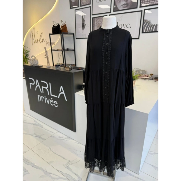 PARLA DANTEL DÜĞMELİ VİSKON ELBİSE