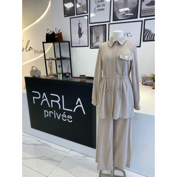 Otto Desigen Beli Büzgülü Pantolonlu Takım
