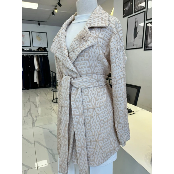 Orhan Store Geometrik Desen Jakarlı Kuşaklı Ceket